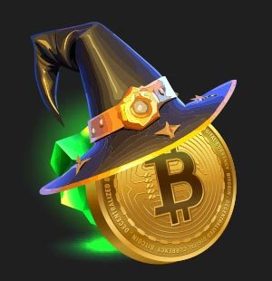 Golden Bitcoin with a black witch had on top and a green gemstone behind