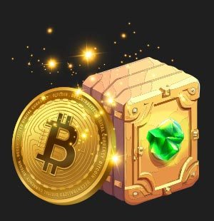 golden Bitcoin coin leaning on a light vault with a big green gem in the middle 