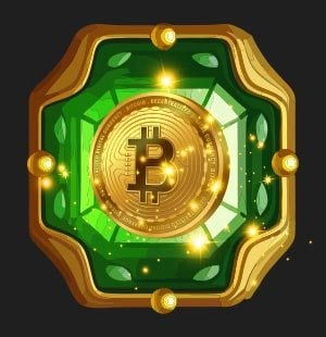 Golden framed medal with green gemstone core and a bitcoin coin in the middle
