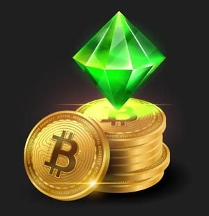 pile of golden Bitcoin coins with a green gem on top of the pile