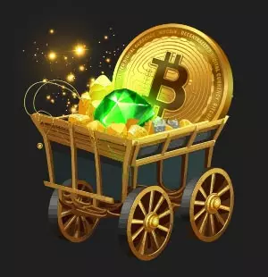 grey wagon with golden frames loaded with gold, green gemstones and a huge Bitcoin coin surrounded by golden sparkles