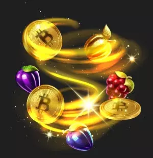 golden twirl with Bitcoin coins and fruits flying around