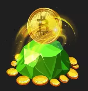 twisting bitcoin coin on top of a green rock with golden coins around