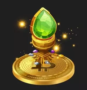 Huge green gemstone on a pedestal on top of a bitcoin shaped plateau