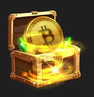 treasure chest with Bitcoin coin and green gemstones inside and a golden twirl around