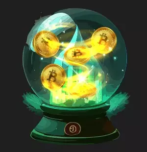 green snow globe with Bitcoin coins and a huge green gem inside. 